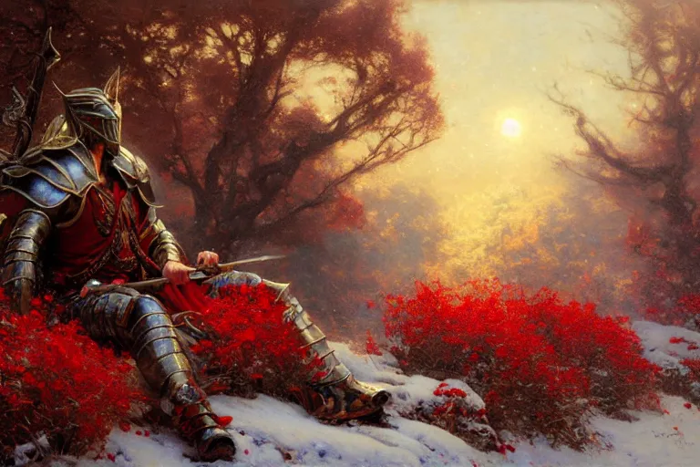 Image similar to winter, a male warrior wearing armor relaxing under a world tree with red flowers, ground covered with snow, extreme long shot, fantasy, painting by gaston bussiere, craig mullins, j. c. leyendecker, trending on artstation