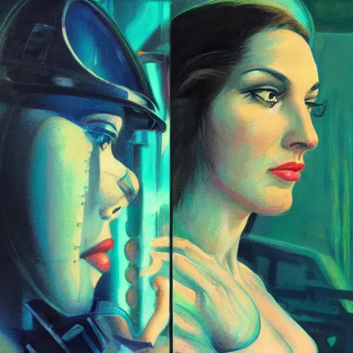 Image similar to detailed face of a woman, clockwork, moment, tectonic sky, skydome, bullet train, turbines, utopian, tech noir, wet reflections, prism, atmospheric, ambient, pj crook, syd mead, livia prima, emma uber, edward hopper