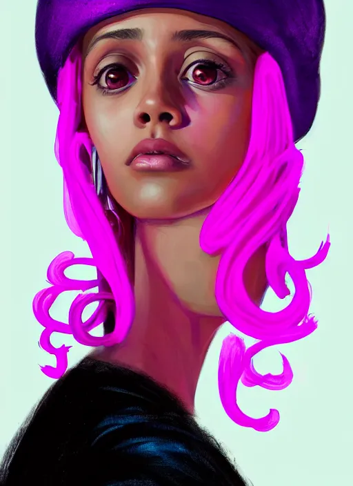 Image similar to portrait of teenage vanessa morgan with bright pink hair, black girl, curly pixie cut hair, wearing a purple breton cap, breton cap, hoop earrings, intricate, elegant, glowing lights, highly detailed, digital painting, artstation, concept art, smooth, sharp focus, illustration, art by wlop, mars ravelo and greg rutkowski