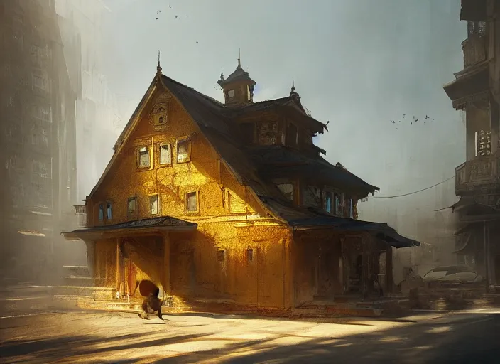 Prompt: new one beautiful golden house shadow of people volumetric lighting, digital painting, highly detailed, artstation, sharp focus, illustration, concept art, ruan jia, steve mccurry, amazing composition