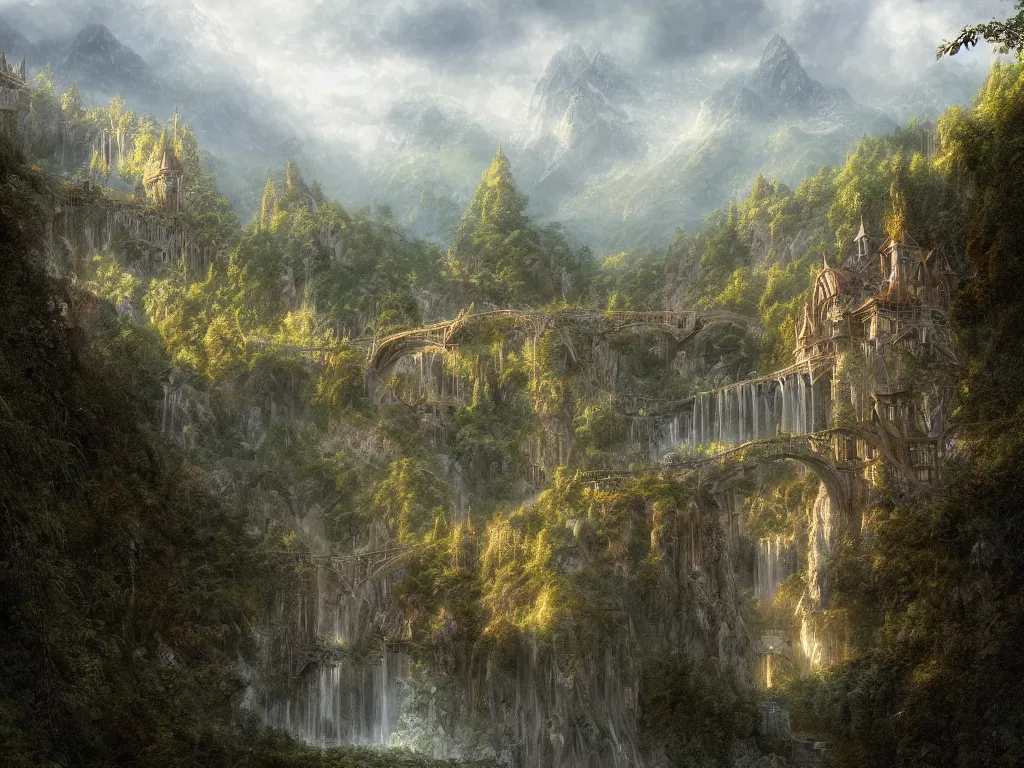 Prompt: Rivendell in the evening, detailed matte painting, cinematic, Alan Lee, Artstation