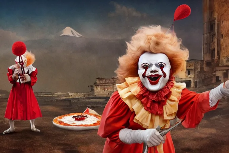 Image similar to pennywise as pulcinella! with a pizza! margherita in front of vesuvius! spewing lava, by esao andrews, by james jean, post - apocalyptic, hyperrealistic, big depth of field, night scenery, glowing lava, 3 d octane render, 4 k, conceptart, masterpiece, hyperrealistic, trending on artstation