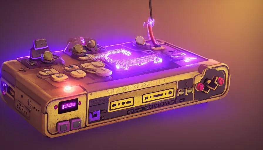Prompt: A glowing electrical Steampunk super nintendo console with hand controllers in a victorian museum, james gurney, cinematic lighting, lots of steam and sparks, artstation, vibrant nature, Tuomas Korpi, tekkon kinreet, volumetric light, artstation, , octane render, redshift render, low angle camera, rich deep moody colors