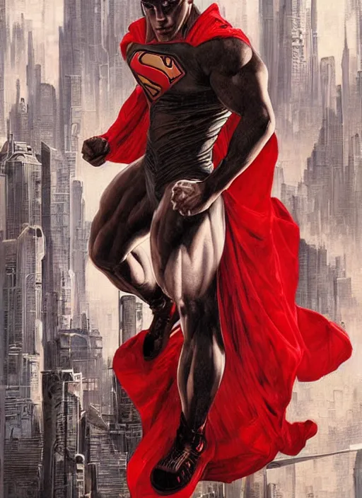 Image similar to portrait of crossfit bodybuilder fitness sprinter superman!, futuristic detailed ornate cyberpunk costume!, red and black costume!!!, pale skin!, no logo!!!, painted art by tsuyoshi nagano, greg rutkowski, artgerm, alphonse mucha, spike painting