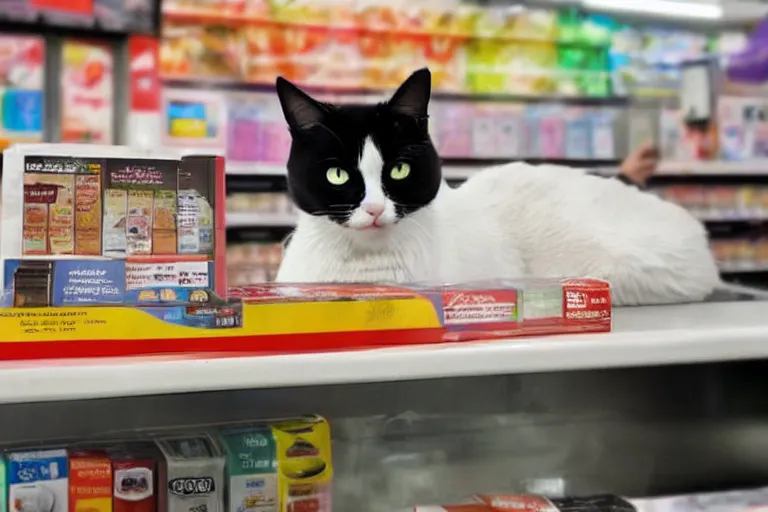 Image similar to cat on the counter in 7 - eleven next to a carton of cigarettes wide angle lens