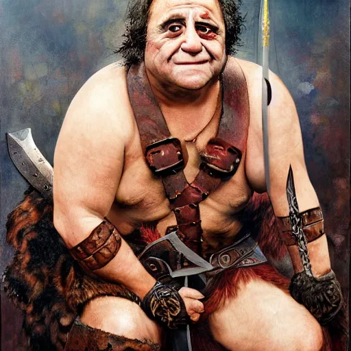 Prompt: danny devito as a barbarian warrior, full body, holding club, legendary warrior, leather straps, tattoos, piercings, fur and leather armor, beautiful, sharp detail, photo realism, robin eley, oil painting