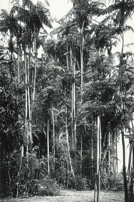 Image similar to long and tall organic buildings, jungle, black and white photography, year 1 9 0 0