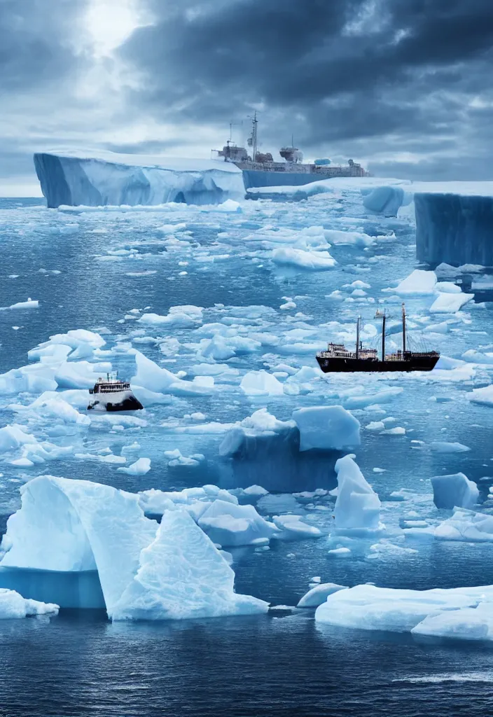 Image similar to ship being persecuted by a police ship over raging turbulent waters in antartica, icebergs in the background, hyper realistic, highly detailed, digital art, apocalyptic, intimidating lighting, raytracing, sharp focus, smooth