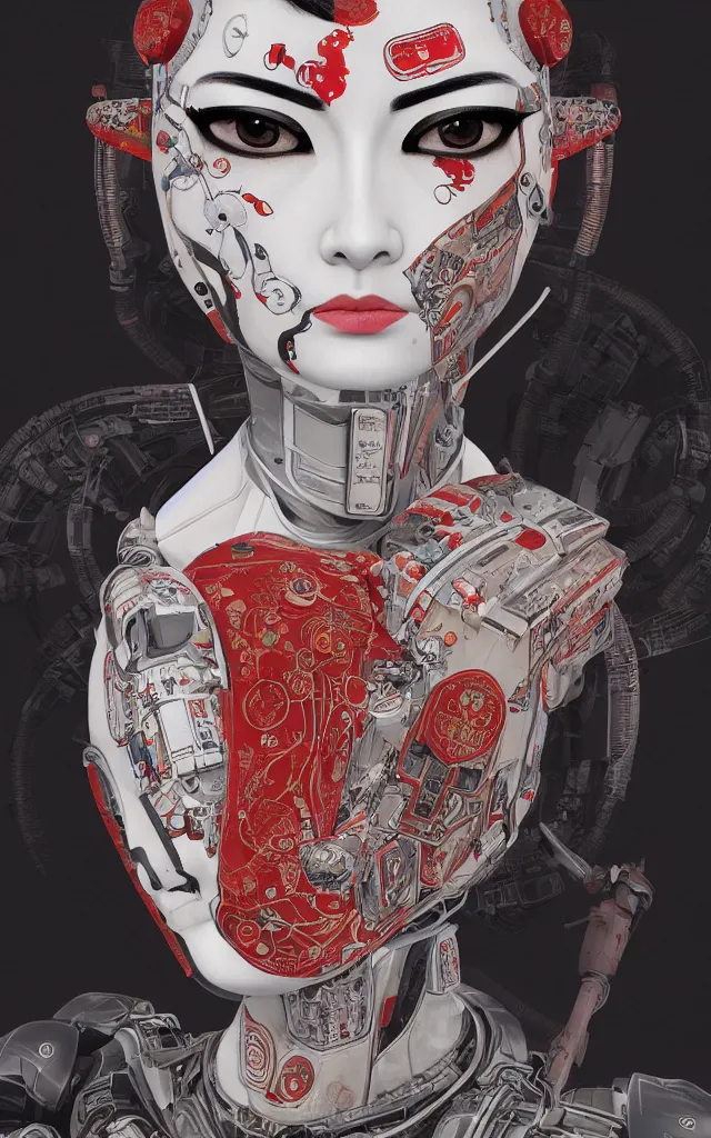 Image similar to an epic fantastic realism comic book style portrait painting of a japanese robotic : akira geisha with chinese pattern tattoos and decals, 云 雷 纹, 蟒 纹, inspired by the lord of ghost in the shell, octane render, intricate detail, 8 k hd, unreal engine 5, ex machina, irobot