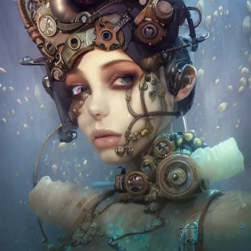 Prompt: underwater steampunk sleeping portrait, hyper detailed, digital art, trending in artstation, cinematic lighting, studio quality, smooth render, unreal engine 5 rendered, octane rendered, art style by klimt and nixeu and ian sprigger and wlop and krenz cushart.