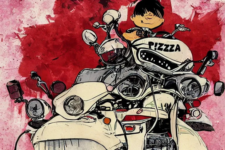 Image similar to 'pizza the hut', akira's motorcycle, gorillaz, poster, high quality