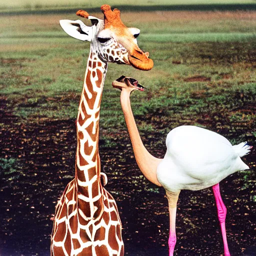 Image similar to a portra 800 photograph of a hybrid between a giraffe and a swan