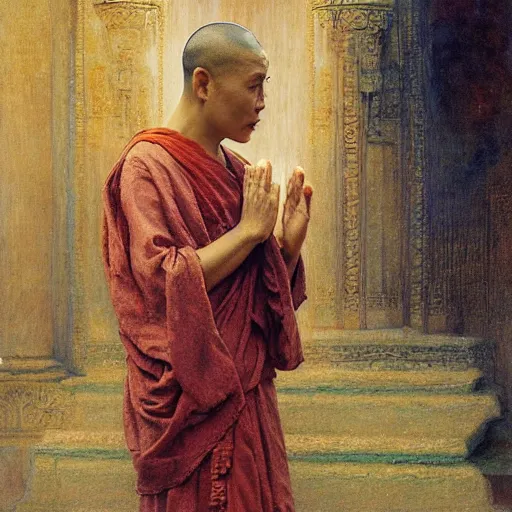 Image similar to highly detailed potrait of blind folded buddhist monk praying like jesus, painting by gaston bussiere, craig mullins, j. c. leyendecker, lights, art by ernst haeckel, john william godward, hammershøi,