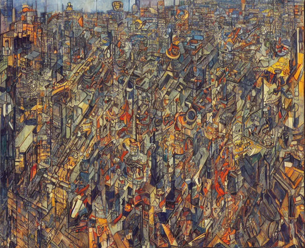 Prompt: an angry mob chasing a giant robot along a glass and steel city square as by moebius, george luks, and georges braque, extreme detail, saturated color scheme