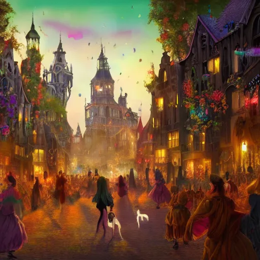 Prompt: A bustling magical town with witches and black cats dancing around a colorful music festival in its center, inspired by Victorian England and Amsterdam, concept art, matte painting, trending on art station, ultra high quality, masterpiece