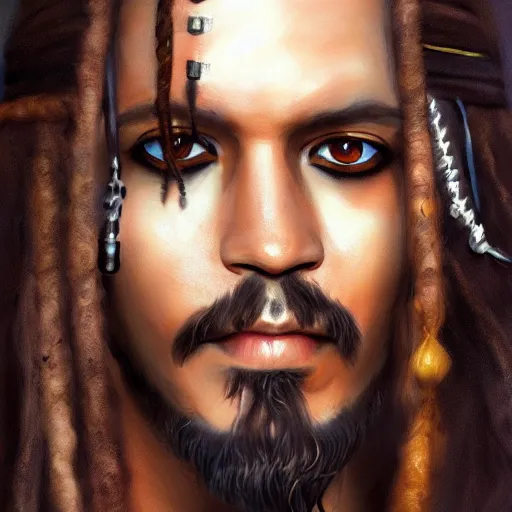 Image similar to portrait of captain jack sparrow, clear clean face, symmetrical face, blurry background, pose, trending on artstation, alexandra fomina artstation, face by ilya kushinov style, style by loish, painterly style, flat illustration, high contrast