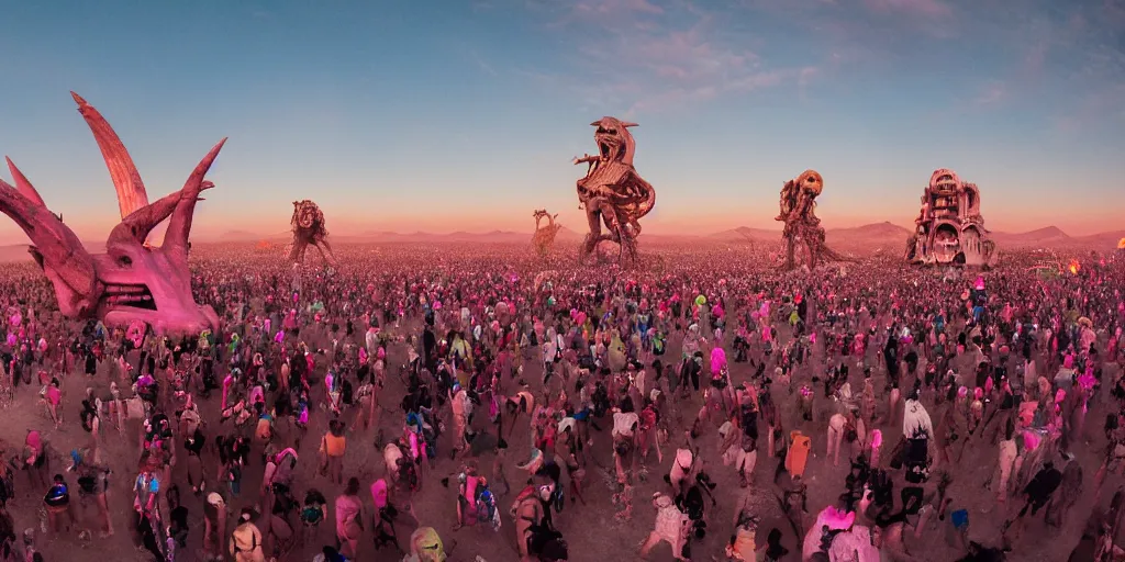 Image similar to a giant pink xenomorph statue in the middle of crowd of ravers dancing at Burning Man in the desert, sunset, hd 35mm photography, big clouds, cinematic