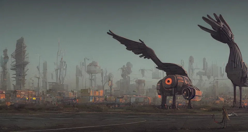 Image similar to A Giant Mechanical bird looms in the distance, mechanical bird, very hazy, rendered by simon stålenhag, rendered by Beeple, Makoto Shinkai, syd meade, environment concept, digital art, starwars, unreal engine, 3 point perspective, WLOP, trending on artstation, low level, 4K UHD image, octane render,