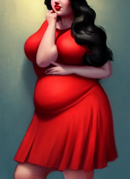 Image similar to full body portrait of teenage veronica lodge, obese, bangs, sultry, realistic, sultry smirk, wavy hair, red skirt, fat, belly, intricate, elegant, glowing lights, highly detailed, digital painting, artstation, concept art, smooth, sharp focus, illustration, art by wlop, mars ravelo and greg rutkowski