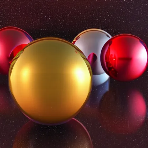 Prompt: chrome spheres on a red cube, rendered in redshift