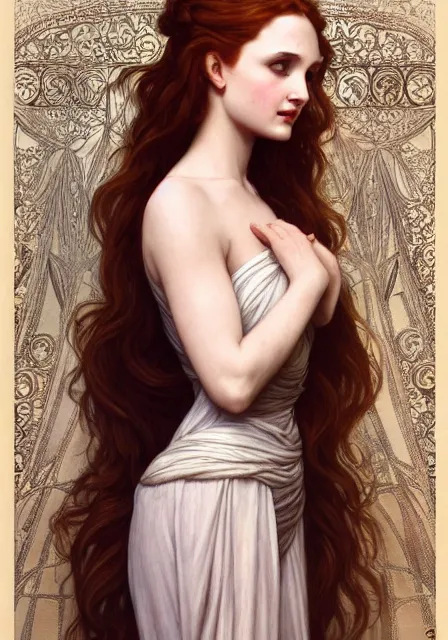 Image similar to sansa angeline jolie gessica chastain, intricate, elegant, highly detailed, digital painting, artstation, concept art, smooth, sharp focus, illustration, art by artgerm and greg rutkowski and alphonse mucha and william - adolphe bouguereau