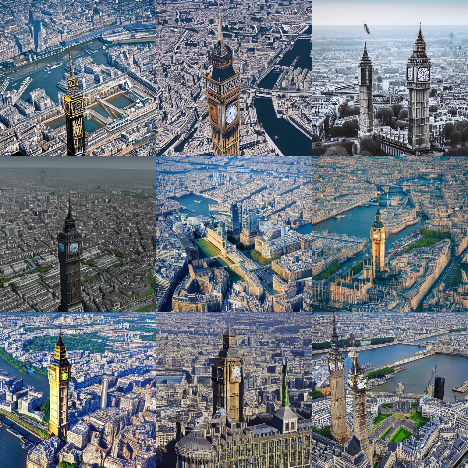 Prompt: Big Ben of London and Eiffel tower and Statue of Liberty, highly detailed, 8k, 4k, photo realistic, aerial view