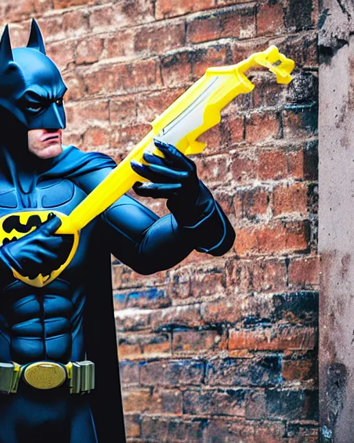 Prompt: happy batman firing super soaker water gun at playful criminals in an alleyway, product advertisement, photogenic photograph