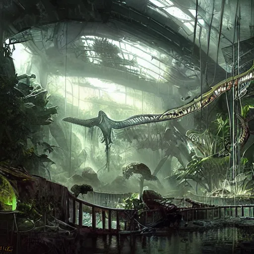 Prompt: epic alien jungle inside a giant laboratory by raymond swanland