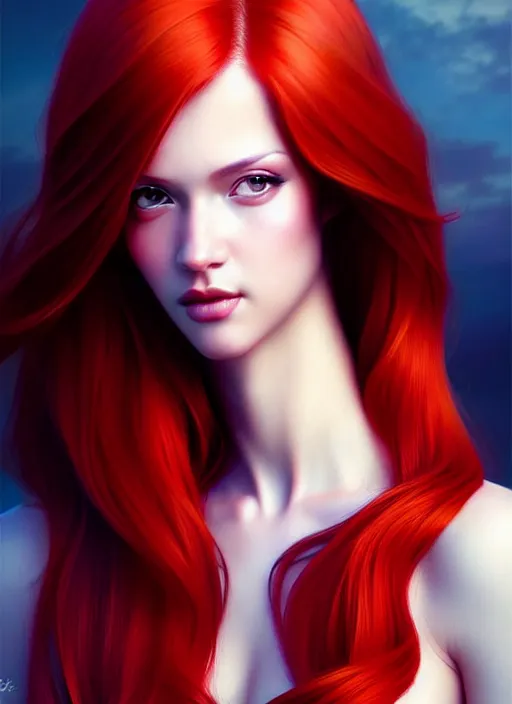 Prompt: a gorgeous female with long red hair in the style of stefan kostic, realistic, full body shot, wide angle, sharp focus, 8 k high definition, insanely detailed, intricate, elegant, art by stanley lau and artgerm, floating embers