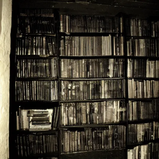 Image similar to a gloomy shadowy midnight crypt room full of darkness with bookshelves. contrast:0, brightness:0. tags: chiaroscuro, darkframe, gothic. Low contrast, dim. This is a dim image.