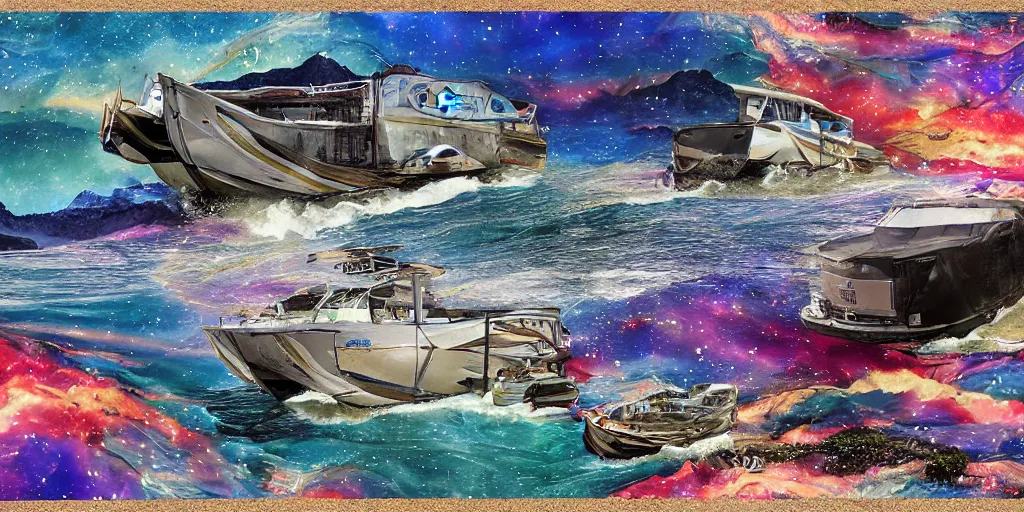 Image similar to river stars galaxy boat mountain phone car, collage artwork