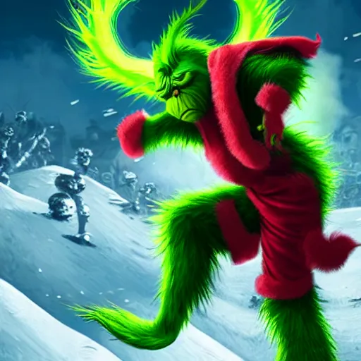 Image similar to The Grinch activates his sharingan, battle scene, anime style, violent, highly detailed, 8k, smooth, sharp