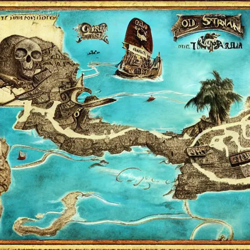 Image similar to old torn treasure map showing the treasure of skull island, pirates treasure map, high detail, high res, hyperrealistic,