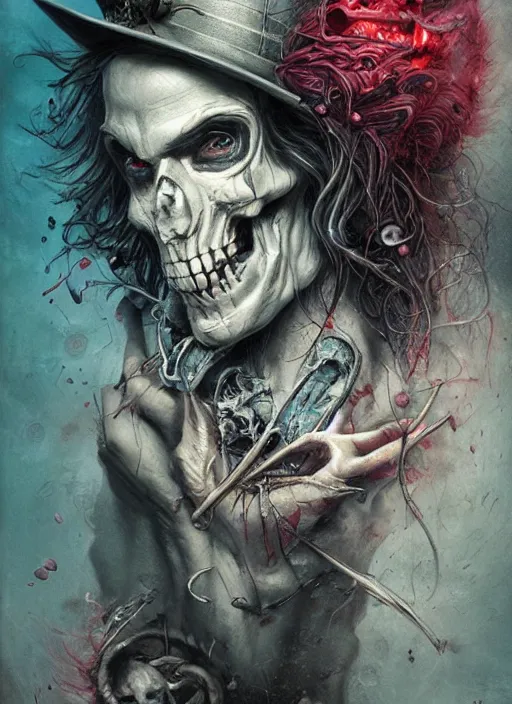 Image similar to Mad Hatter, Death Tarot card,highly detailed,half skull face,cinematic,8k,by Stanley Artgermm,Tom Bagshaw,Greg Rutkowski,Carne Griffiths, Ayami Kojima, Beksinski, Giger,trending on DeviantArt,hyper detailed,horror, full of colour