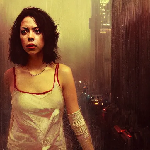 Prompt: aubrey plaza, hyperrealistic portrait, bladerunner street, art of elysium by jeremy mann and alphonse mucha, fantasy art, photo realistic, dynamic lighting, artstation, poster, volumetric lighting, very detailed face, 4 k, award winning