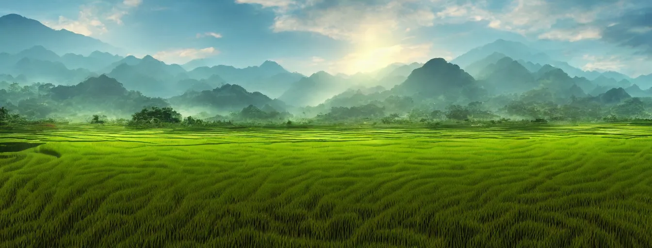 Image similar to Photo of paddy field of Yan, with several village and gunung jerai mountain at the background, wide angle, volumetric light, hyperdetailed, light water, artstation, cgsociety, 8k