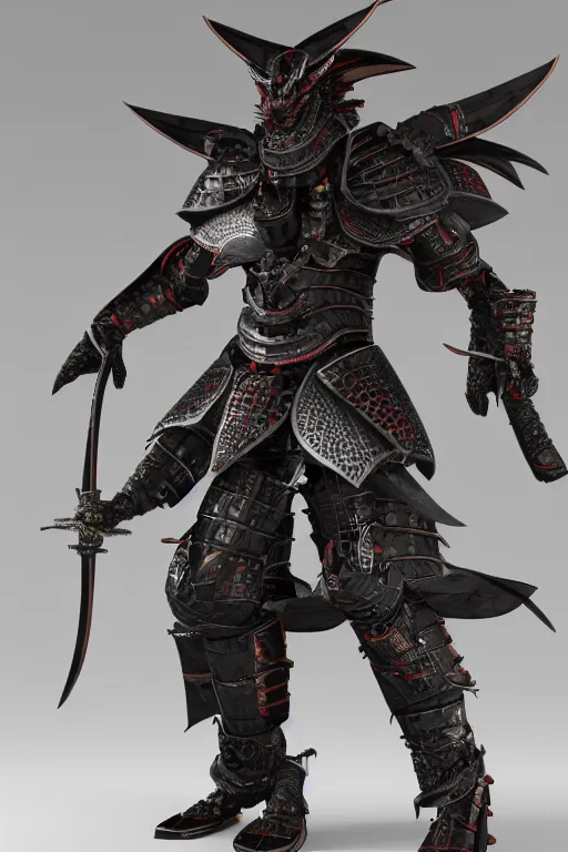 Prompt: a mechanical dragon samurai in black japanese armor, full body, ultra detailed, octane render, 8k