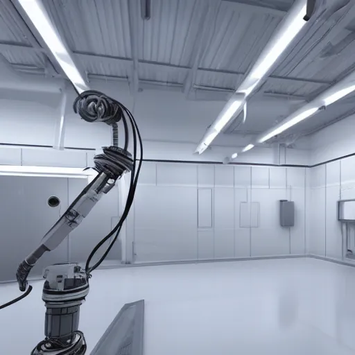 Image similar to abb industrial robot arm in a white clean room with global illumination intricate details wires