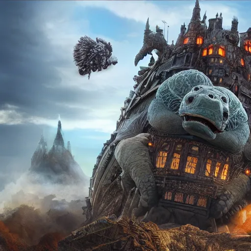 Image similar to large fantasy castle rising from the top of a giant tortoise, towering over a harsh barren wasteland, howls moving castle, mortal engines, kaiju, distant - mid - shot centered, fantasy, hyper detailed, 4 k