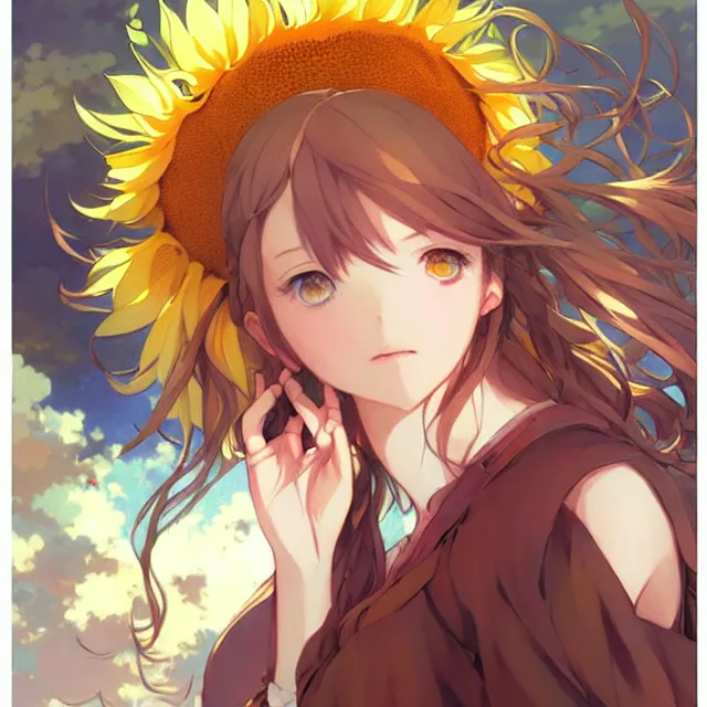 Image similar to beautiful sunflower anime girl, krenz cushart, mucha, ghibli