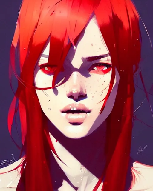 Image similar to a ultradetailed beautiful panting of a stylish woman with red bangs, by conrad roset, greg rutkowski and makoto shinkai, trending on artstation