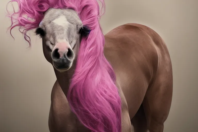 Image similar to Pinkie Pie equine facing away from the viewer, back towards camera, professional photography and mood lighting, anatomically correct equine photo, laying down, flowing mane and tail, relaxed expression