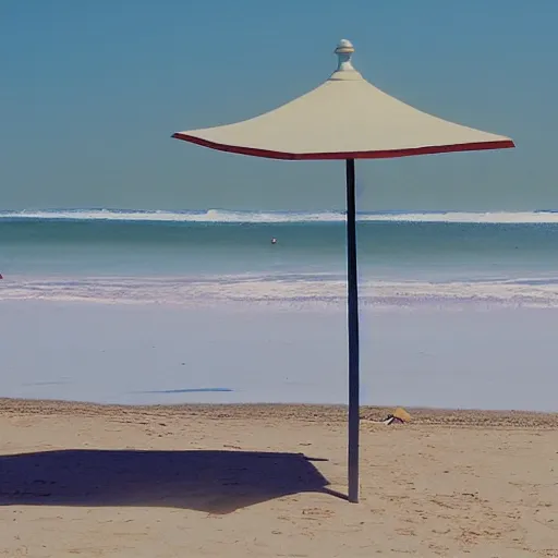 Prompt: a beach and surf lifesaving club, empty, single parasol, by jeffrey smart