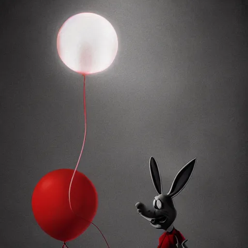 Prompt: matte painting of bugs bunny with a wide smile and a red balloon by Zdzisław Beksiński, loony toons style, pennywise style, corpse bride style, creepy lighting, horror theme, detailed, elegant, intricate, conceptual, volumetric light