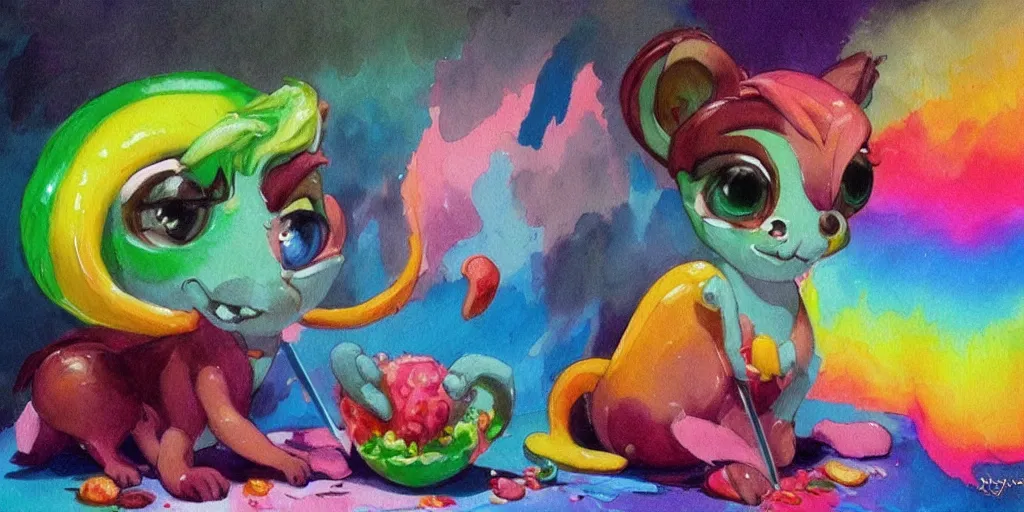 Prompt: rainbow sorbet made in the shape of 3 d littlest pet shop manticore, realistic, melting, soft painting, desserts, ice cream, glitter, cake, forest, mountains, aurora, master painter and art style of noel coypel, art of emile eisman - semenowsky, art of edouard bisson