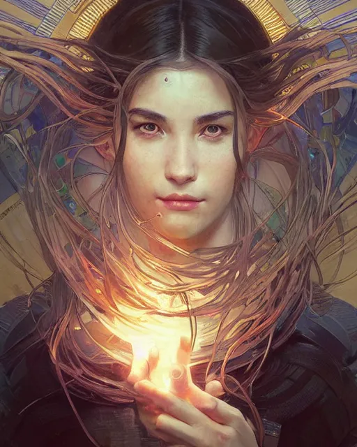 Image similar to portrait of a techno - optimist, cinematic lighting, scifi, intelligent, high detail, masterpiece, art by artgerm and greg rutkowski and alphonse mucha