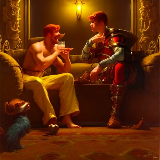 Image similar to hero male mike and hero male tyler, one is ginger and the other brunet, drinking their hearts out, in their noble mansion, at night. highly detailed painting by gaston bussiere, craig mullins, j. c. leyendecker 8 k