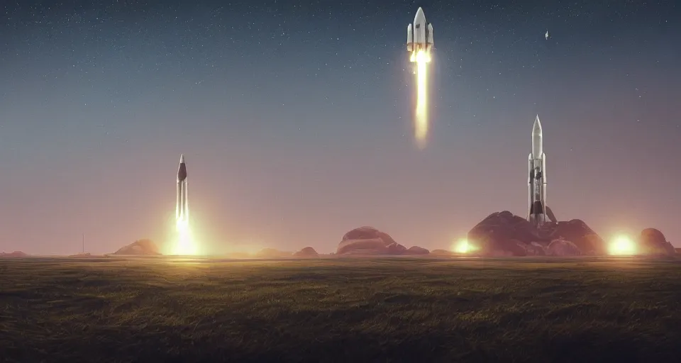 Prompt: Landscape with Rocket ships launching landscape, Saturn V, NASA, spaceship launch, cinematic, rendered by simon stålenhag, rendered by Beeple, Makoto Shinkai, syd meade, inspired by Gundam, environment concept, digital art, unreal engine, 3 point perspective, WLOP, trending on artstation, low level, 4K UHD image, octane render,