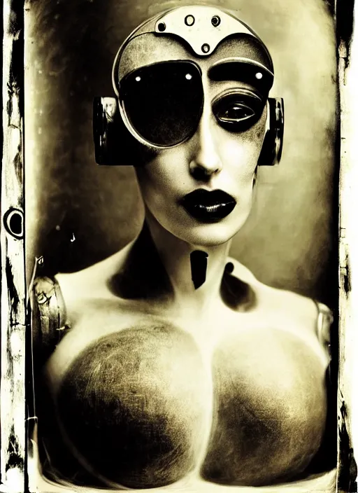 Prompt: photography of beautyful female android steampunk by joel peter witkin,