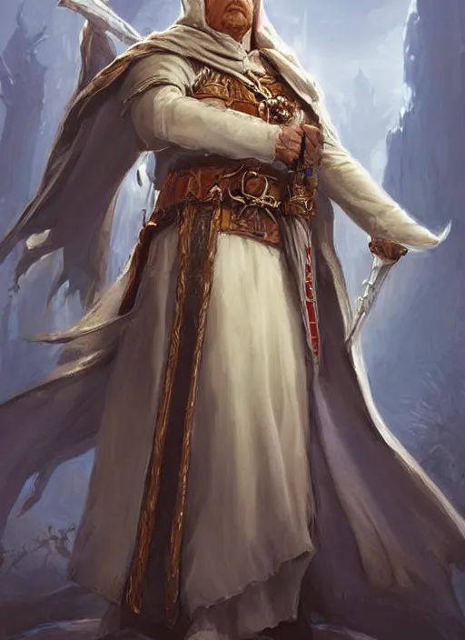 Image similar to white cloak holy priest, ultra detailed fantasy, dndbeyond, bright, colourful, realistic, dnd character portrait, full body, pathfinder, pinterest, art by ralph horsley, dnd, rpg, lotr game design fanart by concept art, behance hd, artstation, deviantart, hdr render in unreal engine 5